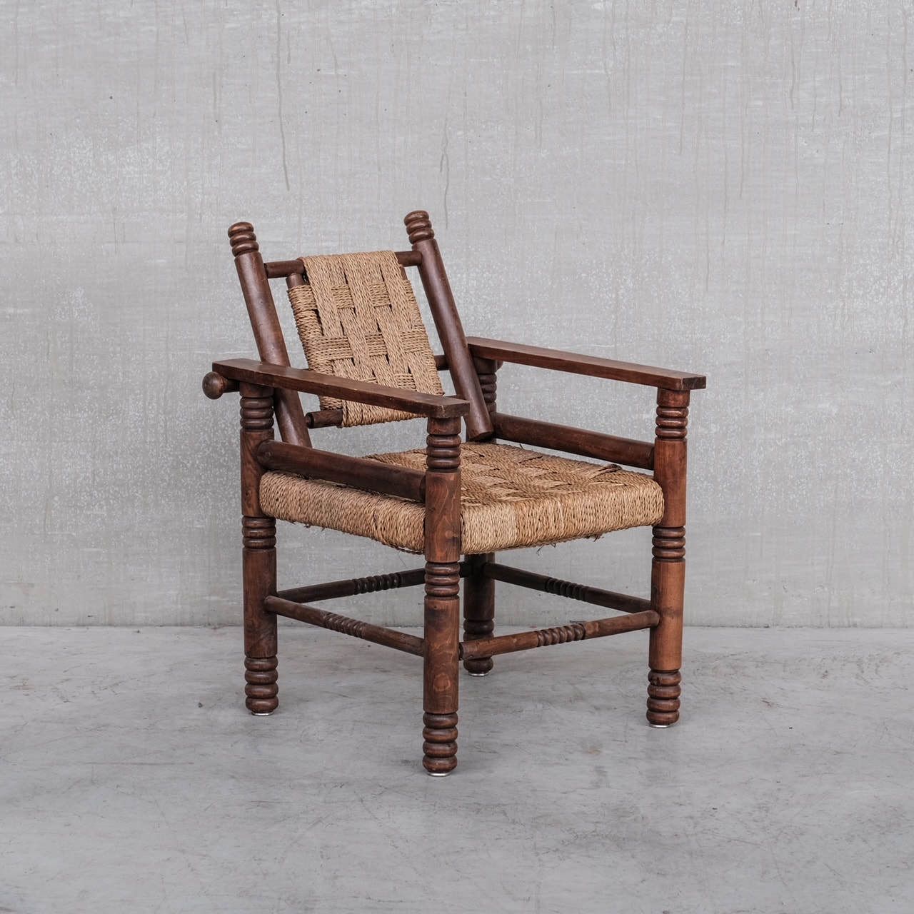 French Art Deco Cord And Oak Armchair Attr. To Charles Dudouyt