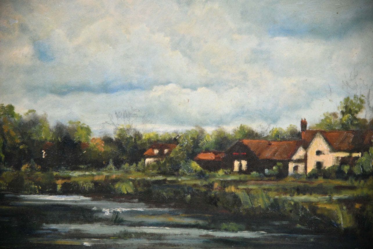 Rural River Landscape Oil Painting photo vintage