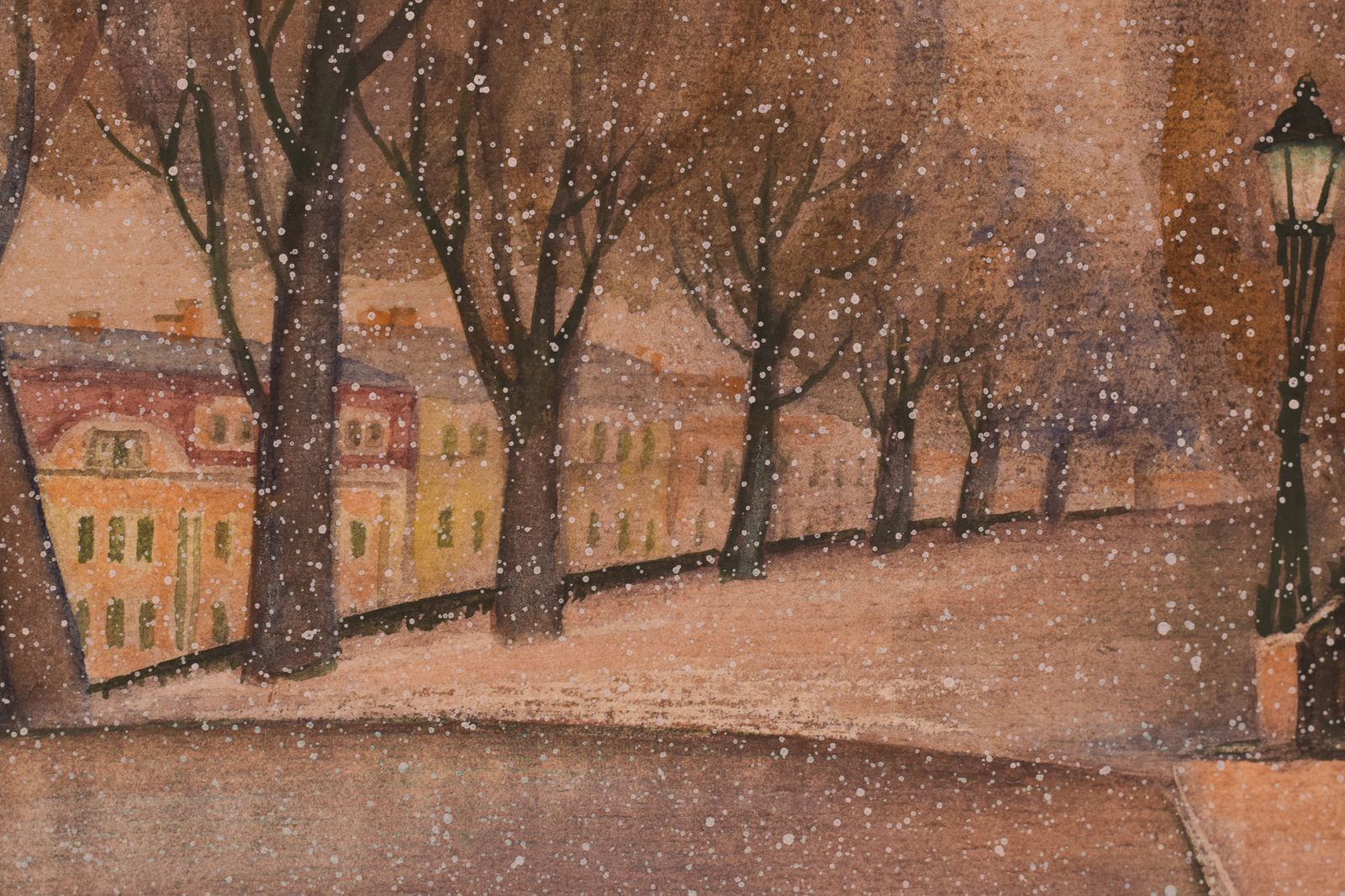 Aquarel Stad Met Sneeuw, Eind 20e Eeuw photo for sale