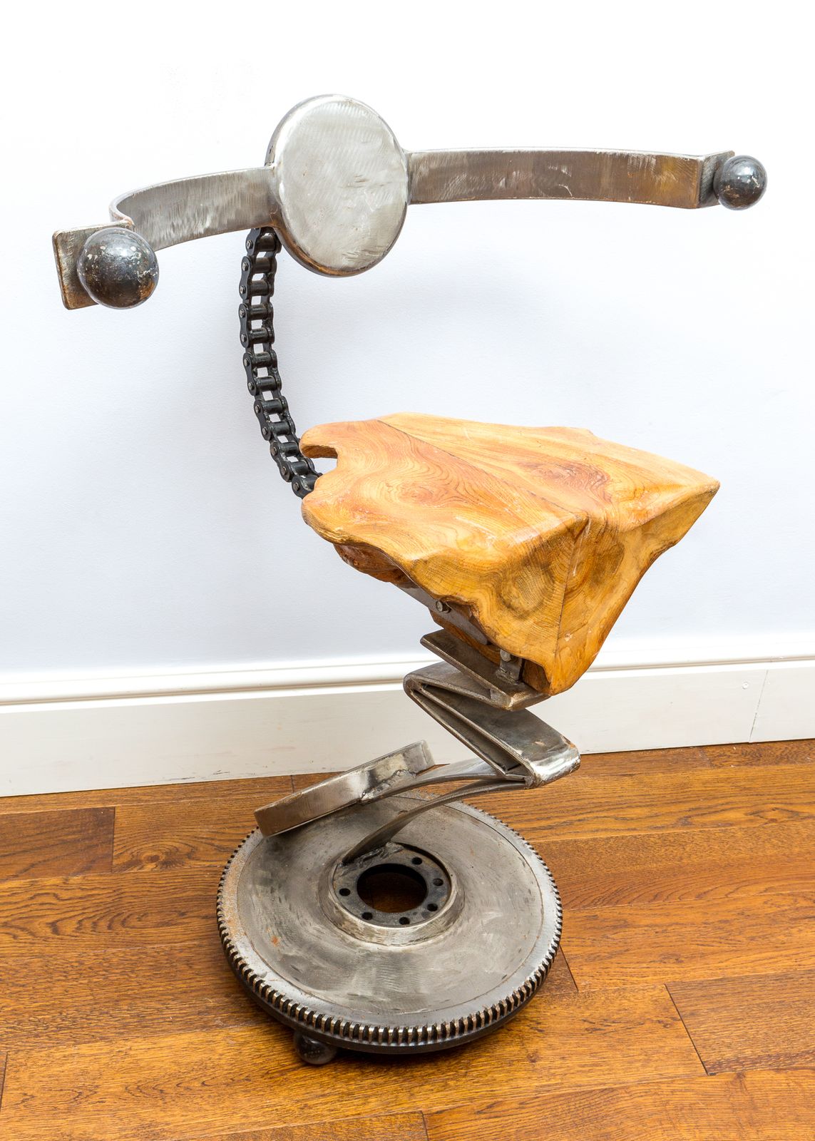 photo vinterior Sculptural Barstool Mechanical Industrial Brutalist Salvaged Steampunk Statement Chair Mancave