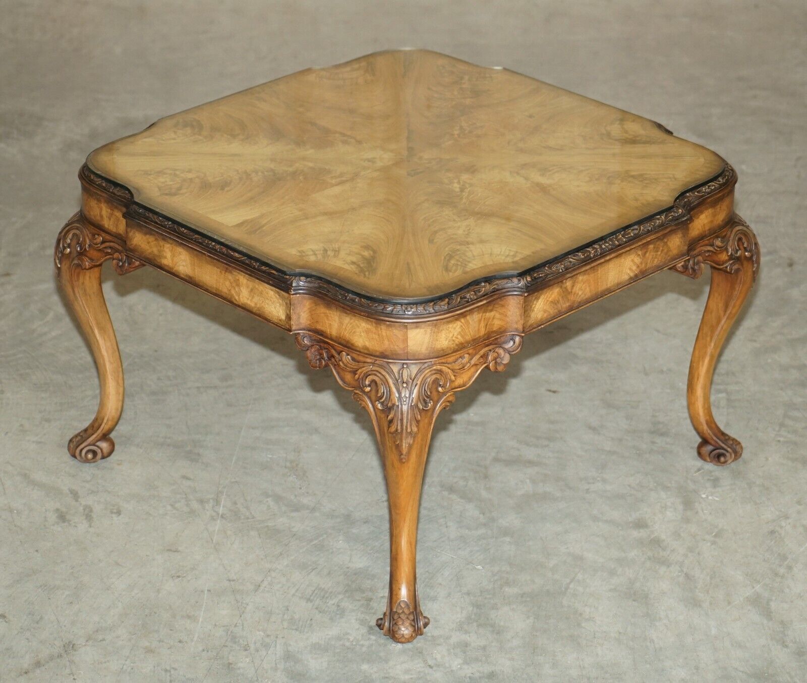 Exquisite Burr Walnut Coffee Cocktail Table With Ornately Carved Cabriole Legs photo furniture