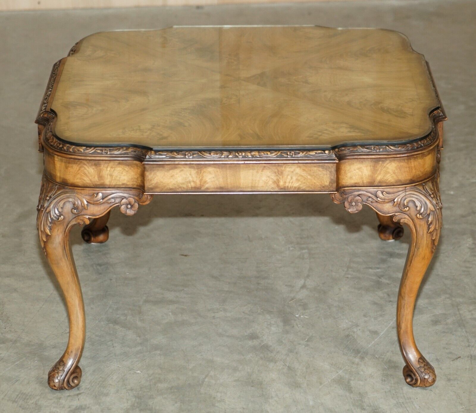 Exquisite Burr Walnut Coffee Cocktail Table With Ornately Carved Cabriole Legs photo for sale