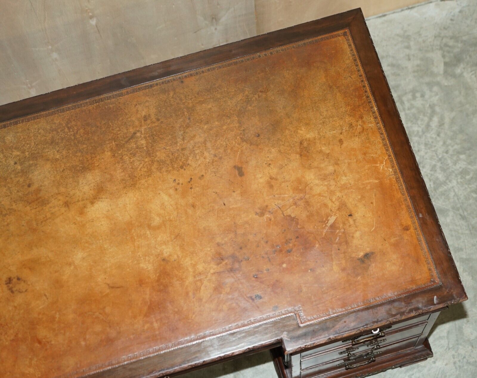 Antique Thomas Chippendale Revival Inverted Breakfront Partner Desk Leather Top photo vintage
