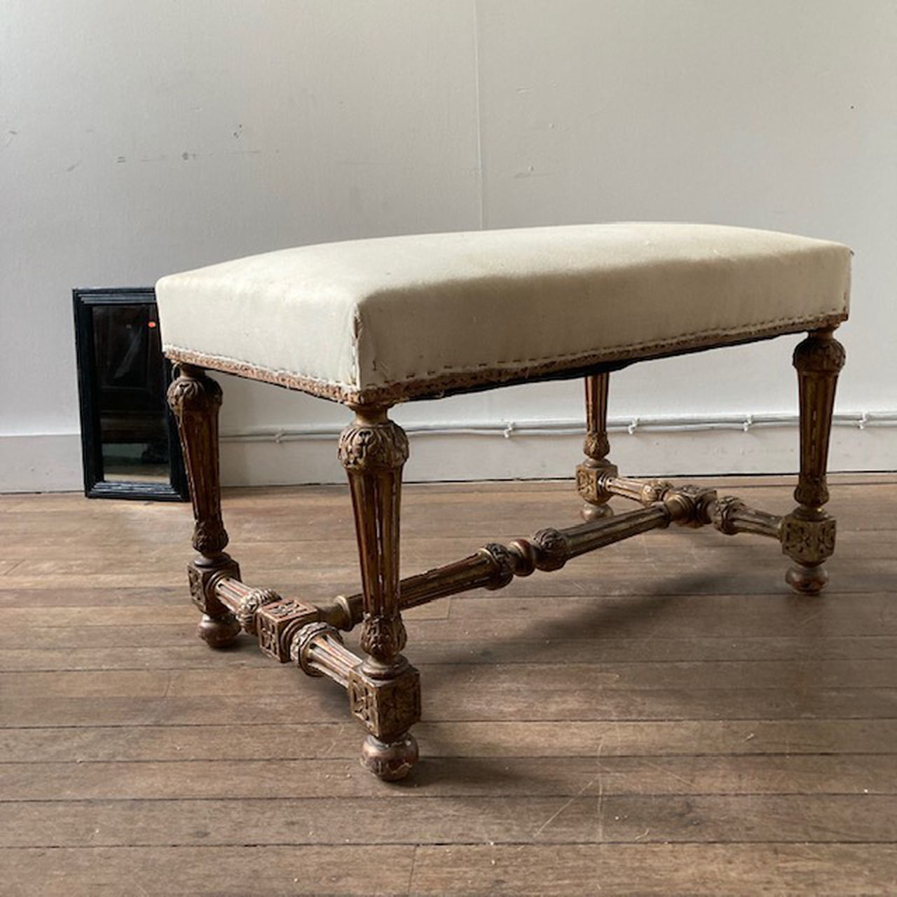 French Giltwood Stool, Calico Covered Seat By Maison Krieger, Paris. C.1880 photo vintage