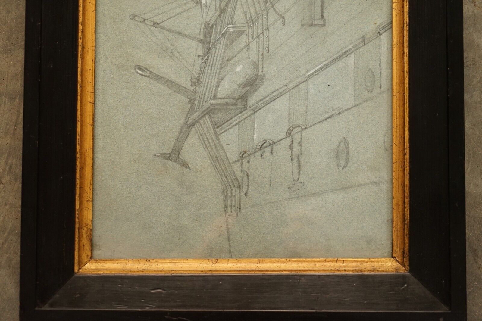 Very Fine Circa 1850 French School Study Of The Side Of A Ship In Chalk On Paper photo Art