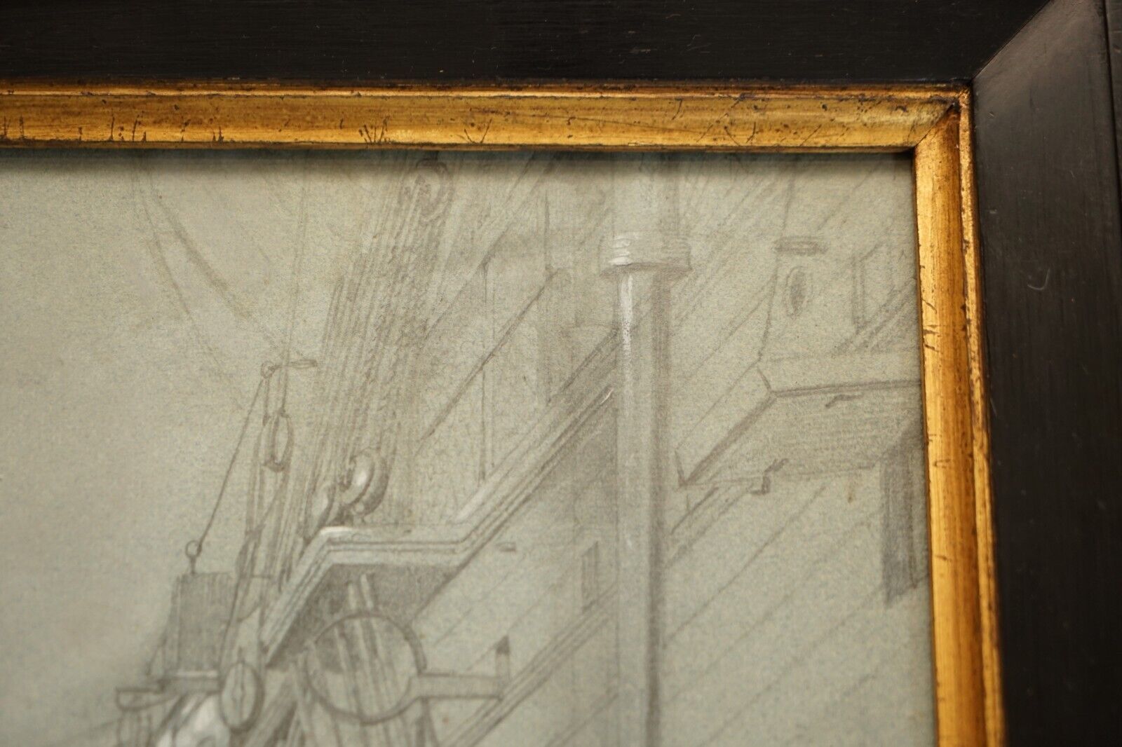 Very Fine Circa 1850 French School Study Of The Side Of A Ship In Chalk On Paper photo vintage