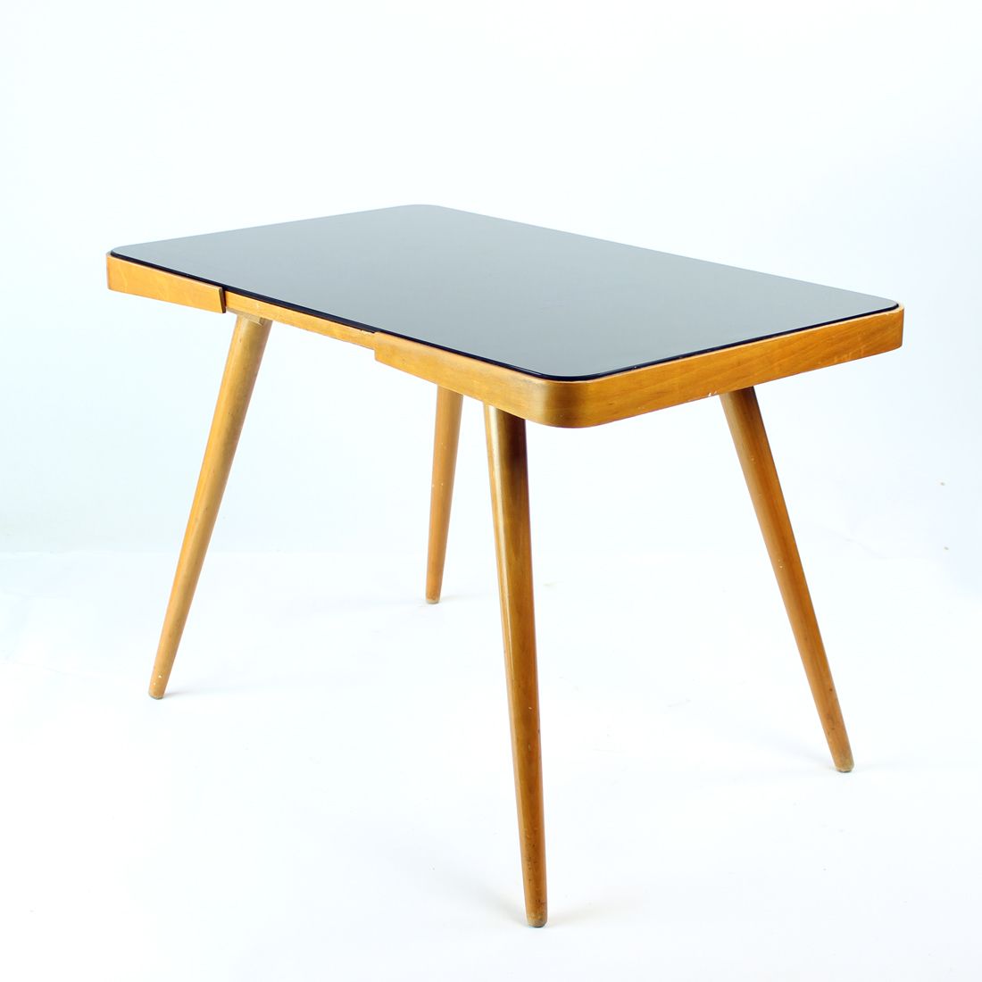 Mid Century Coffee Table In Oak & Black Glass, Czechoslovakia 1960s
