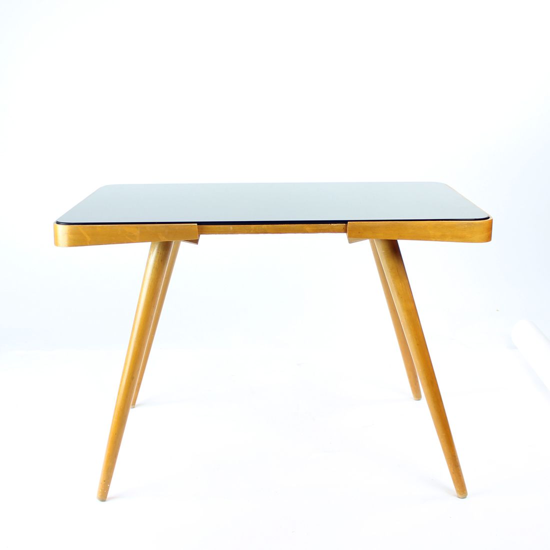 Mid Century Coffee Table In Oak & Black Glass, Czechoslovakia 1960s photo vintage