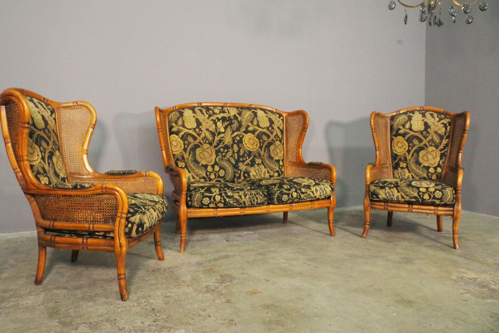 Sofa And 2 Armchairs Set In Bamboo And Wicker From The 1980s photo for sale