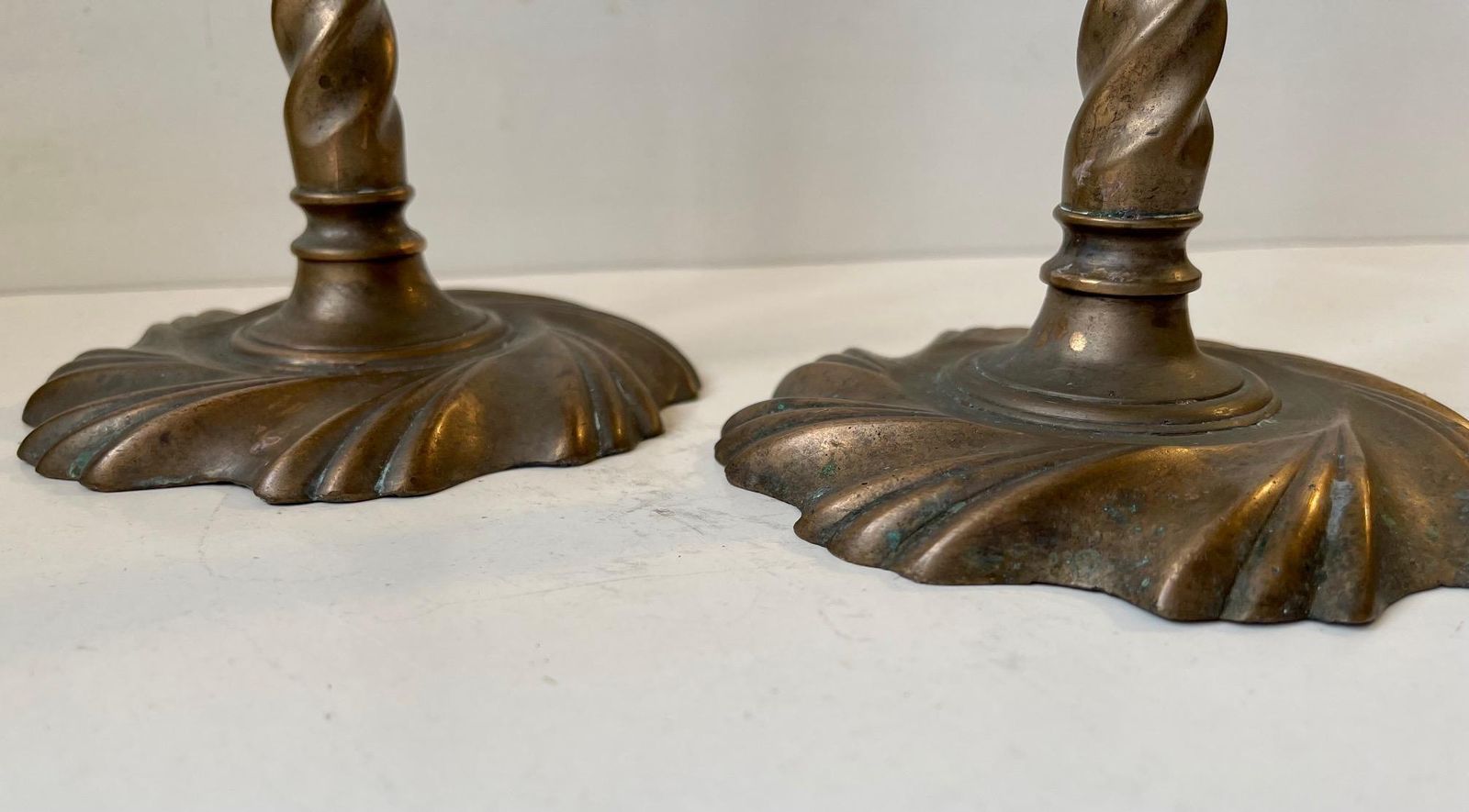 photo for sale Gothic Twisted Column Candlesticks In Bronze, 19th Century, Set Of 2