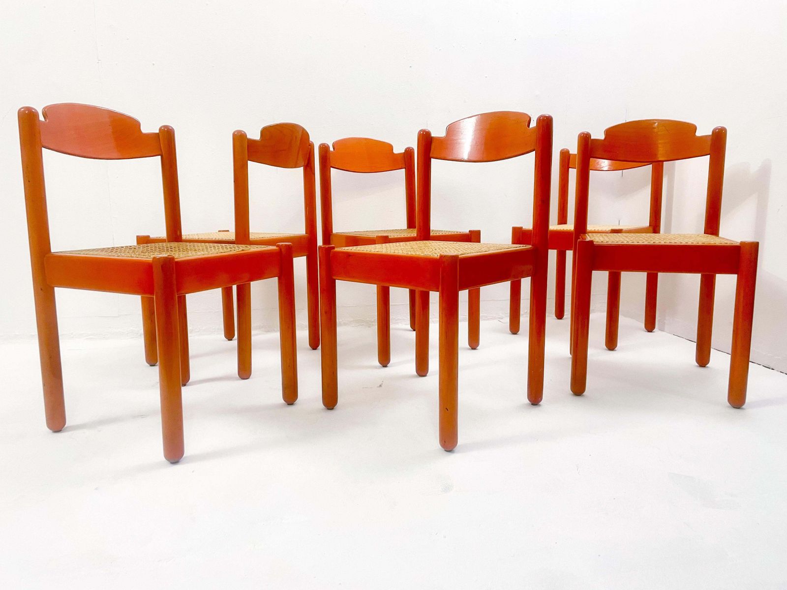 Mid Century Modern Set Of 6 Orange Chairs, Wood, Italy, 1960s photo vinterior