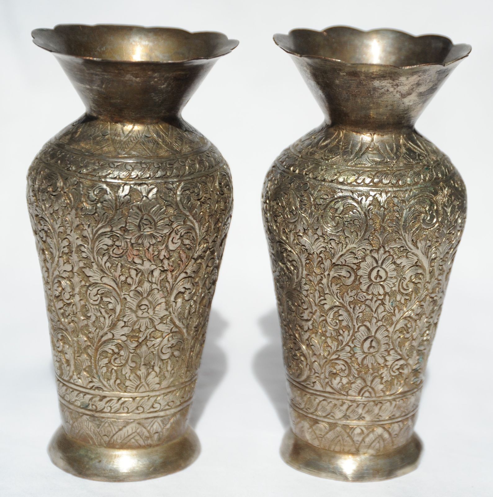 Antique Pair Of Finely Engraved Indian Tinned Brass Vases