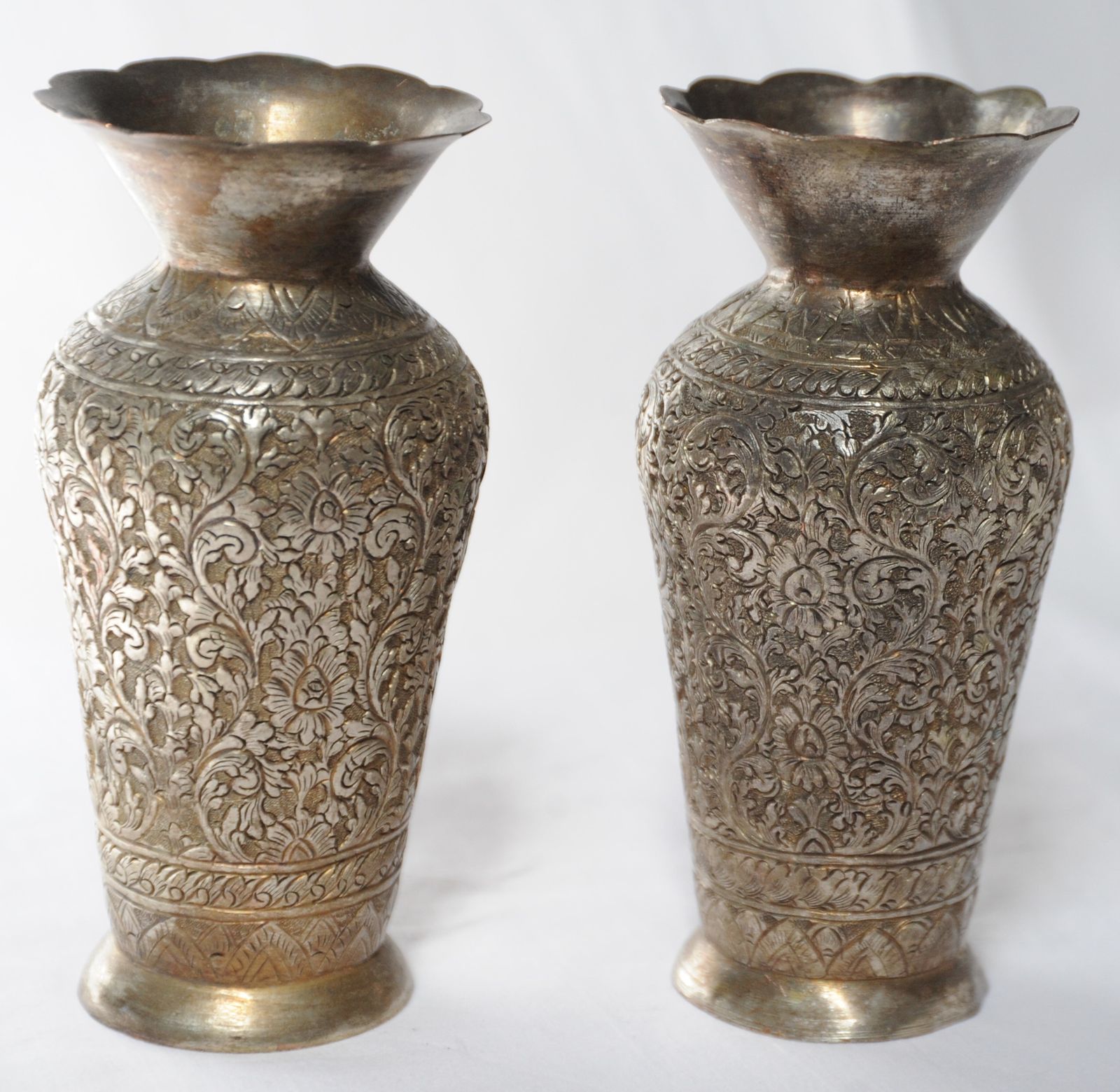 Antique Pair Of Finely Engraved Indian Tinned Brass Vases photo furniture