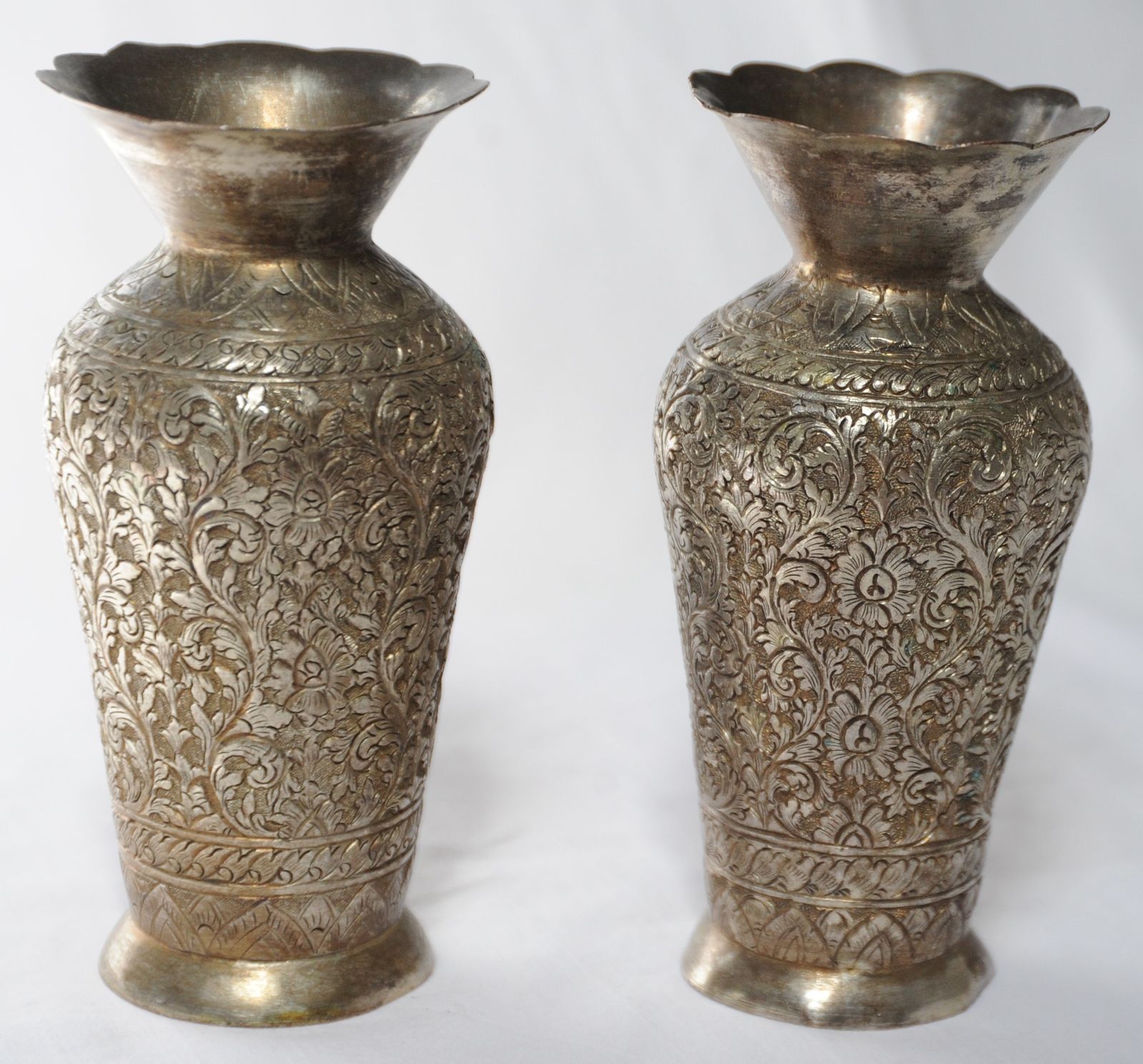 Antique Pair Of Finely Engraved Indian Tinned Brass Vases photo Home Decor