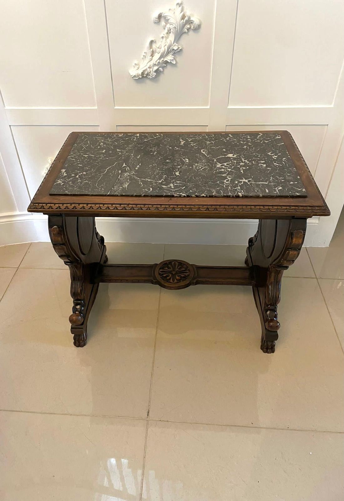 Unusual Antique Quality Carved Walnut And Marble Top Italian Coffee Table photo for sale
