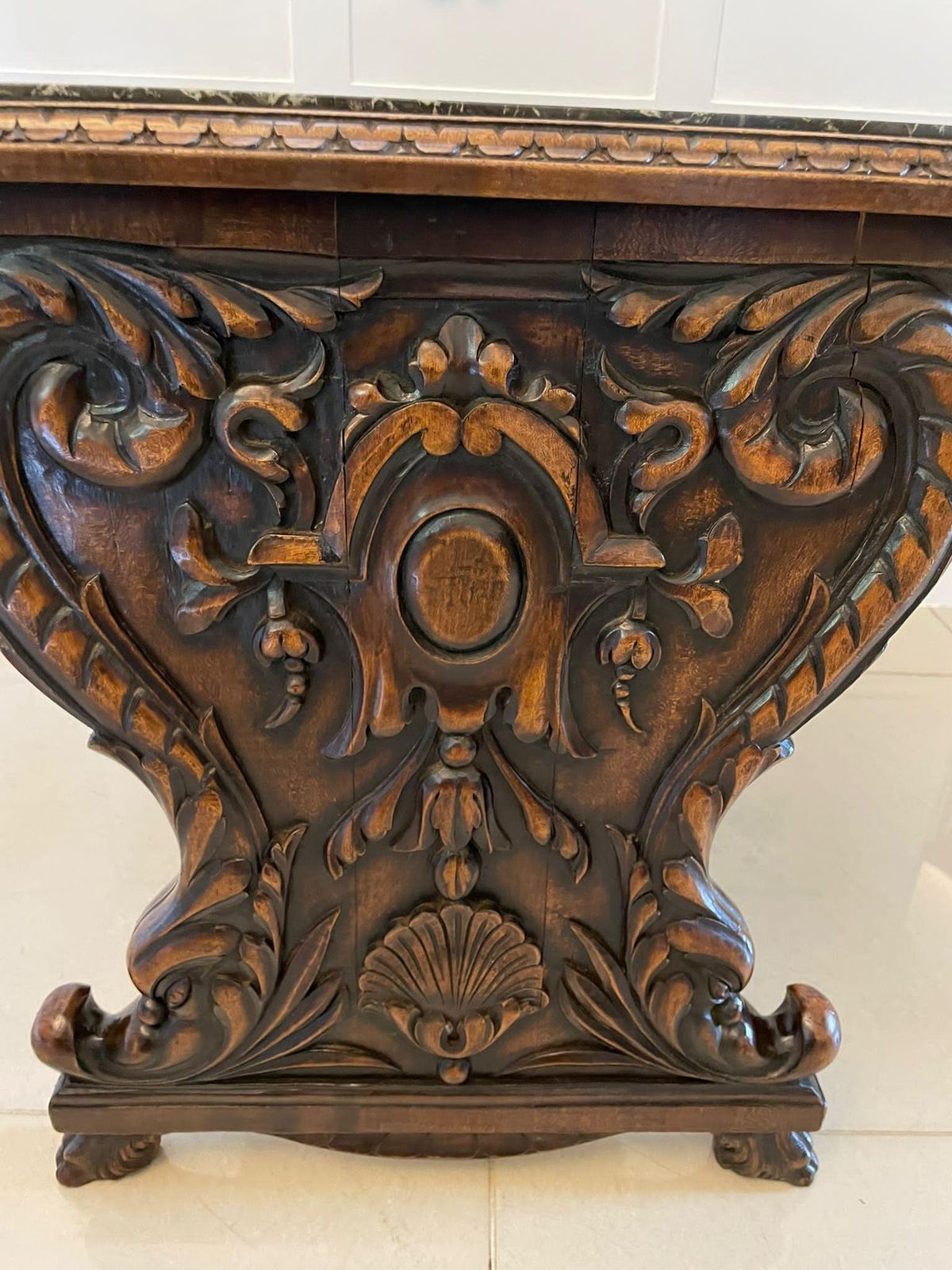 Unusual Antique Quality Carved Walnut And Marble Top Italian Coffee Table photo vinterior