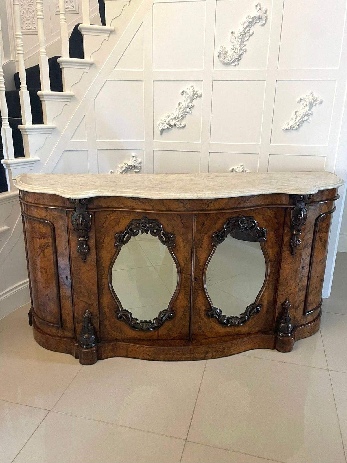 Outstanding Quality Antique Burr Walnut Marble Top Credenza/Sideboard photo Furniture