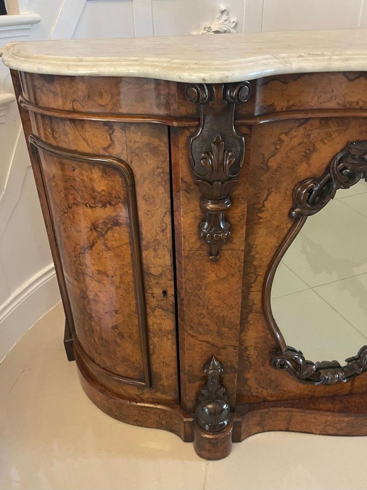 Outstanding Quality Antique Burr Walnut Marble Top Credenza/Sideboard photo vintage