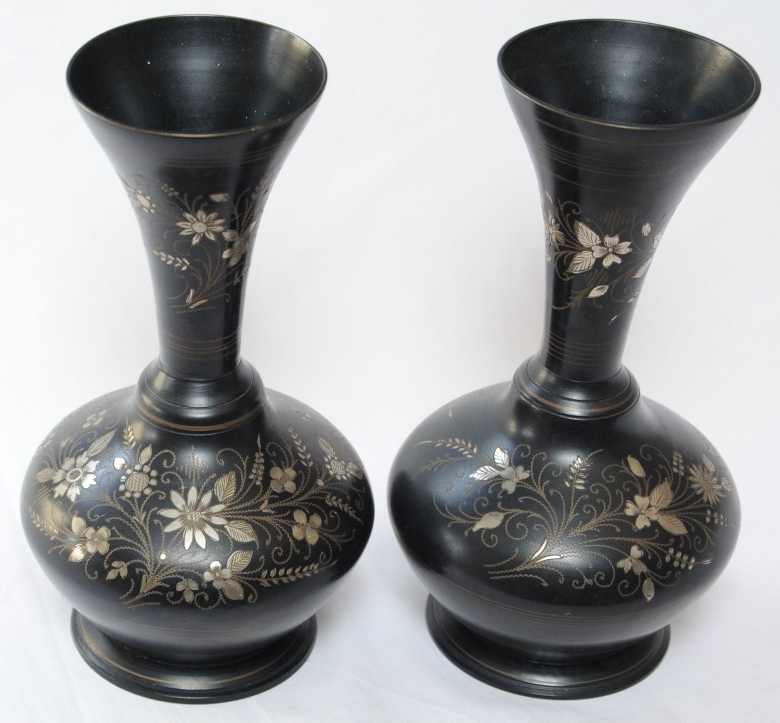 Vintage Pair Of Anglo Indian Bidriware Metal Vases With Silver Inlay