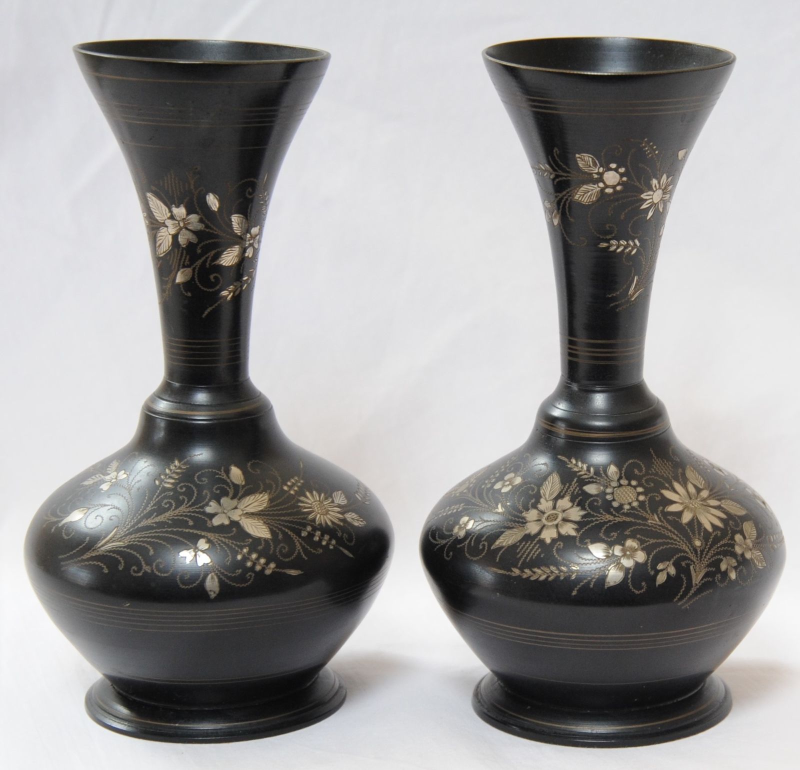 Vintage Pair Of Anglo Indian Bidriware Metal Vases With Silver Inlay photo furniture
