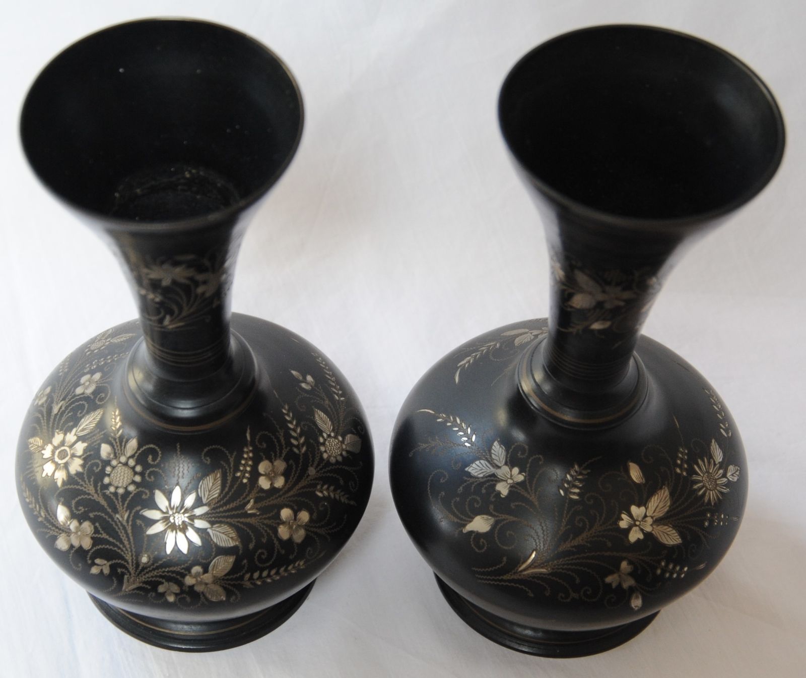 Vintage Pair Of Anglo Indian Bidriware Metal Vases With Silver Inlay photo buy