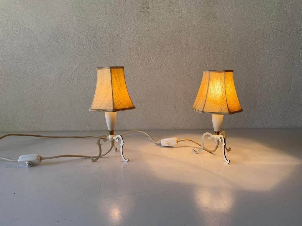 Mid Century Fabric Shade & White Metal Tripod Pair Of Bedside Lamps, 1950s, Germany photo vintage