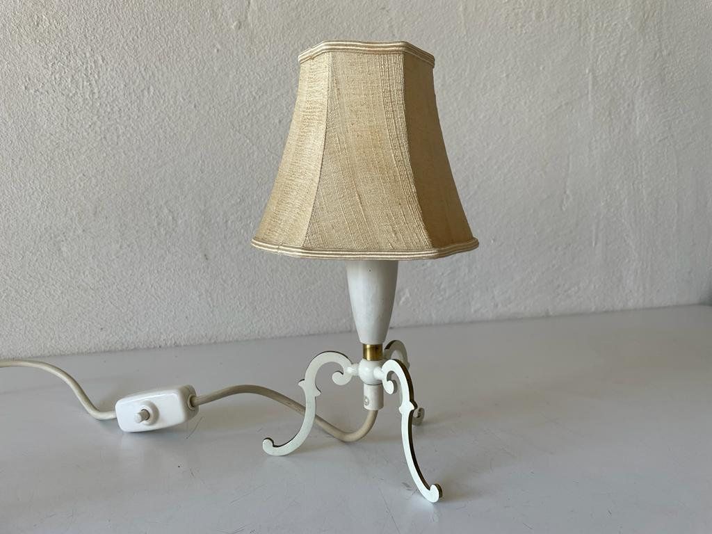 photo for sale Mid Century Fabric Shade & White Metal Tripod Pair Of Bedside Lamps, 1950s, Germany