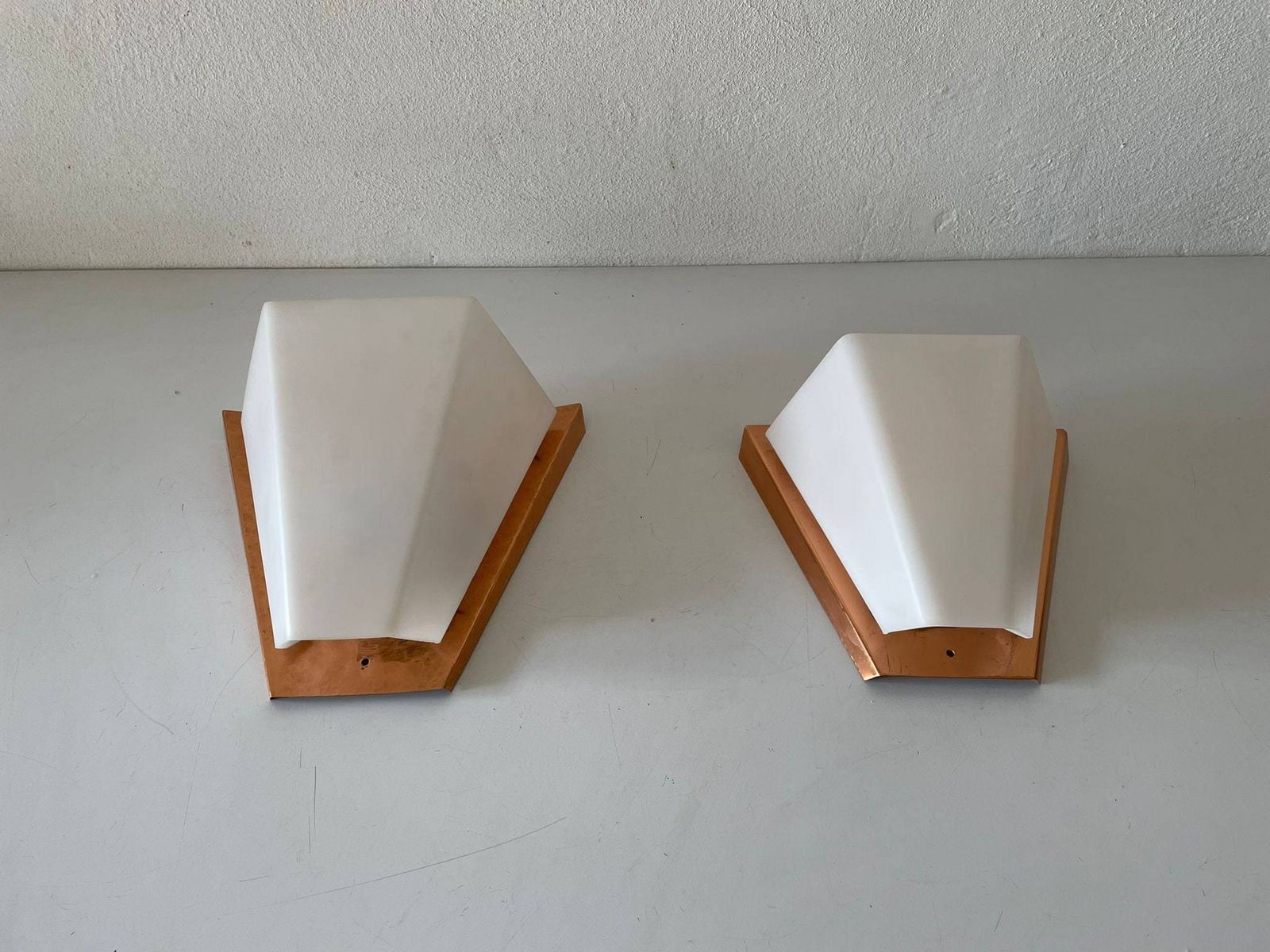 Rare Copper And Plexiglass Pair Of Big/Small Sconces By Weckelweller Werkstätten, 1950s, Germany
