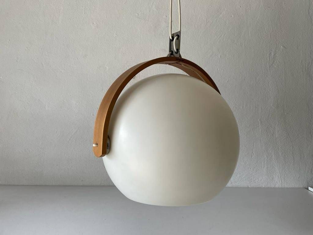 White Plastic And Bent Wood Space Age Pendant Lamp By Temde, 1970s, Switzerland