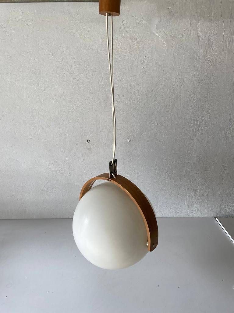 White Plastic And Bent Wood Space Age Pendant Lamp By Temde, 1970s, Switzerland photo Lighting