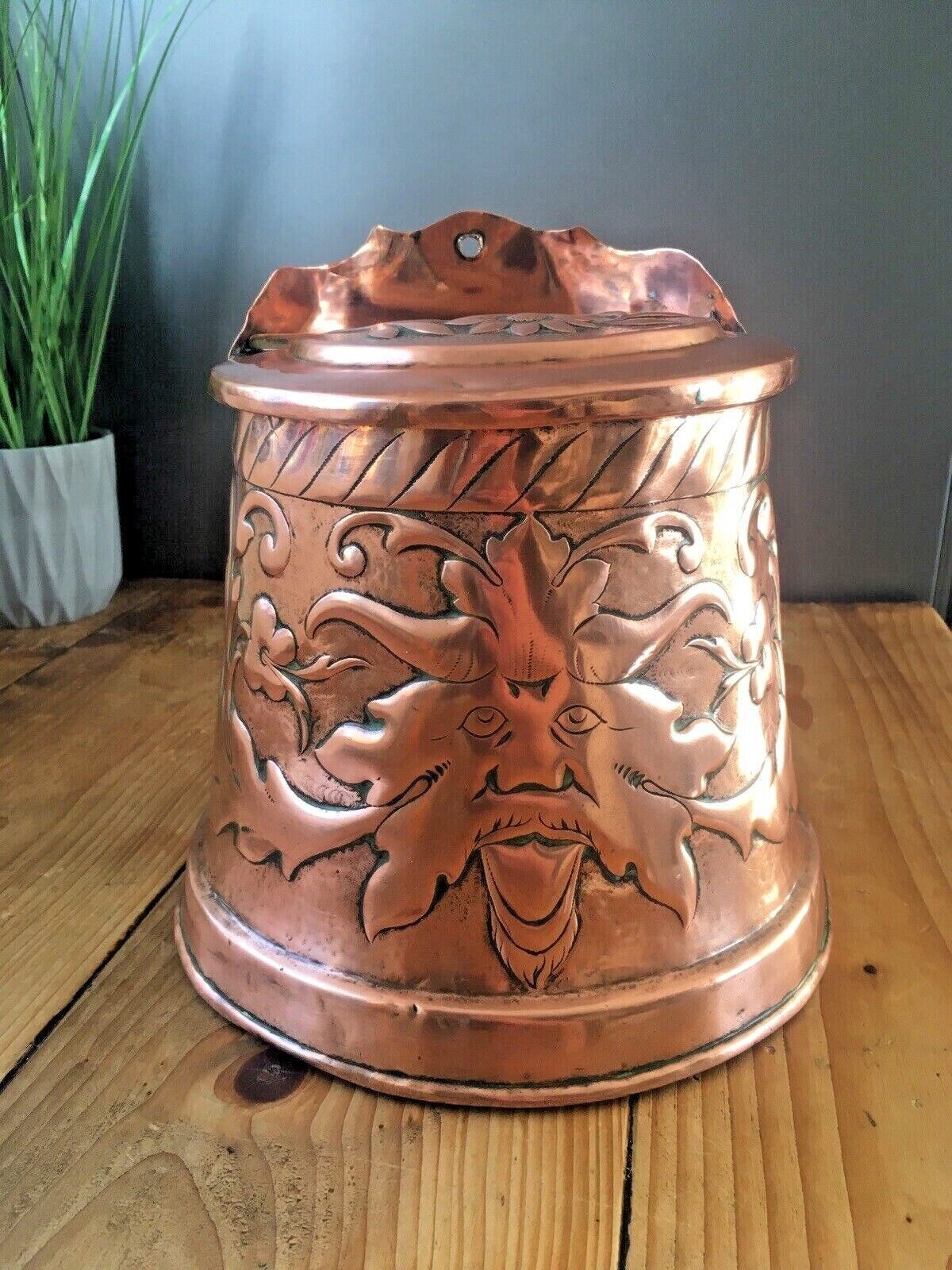 Antique Arts & Crafts Hanging Copper Salt Box Cellar Acanthus Leaf Norse God Sun
