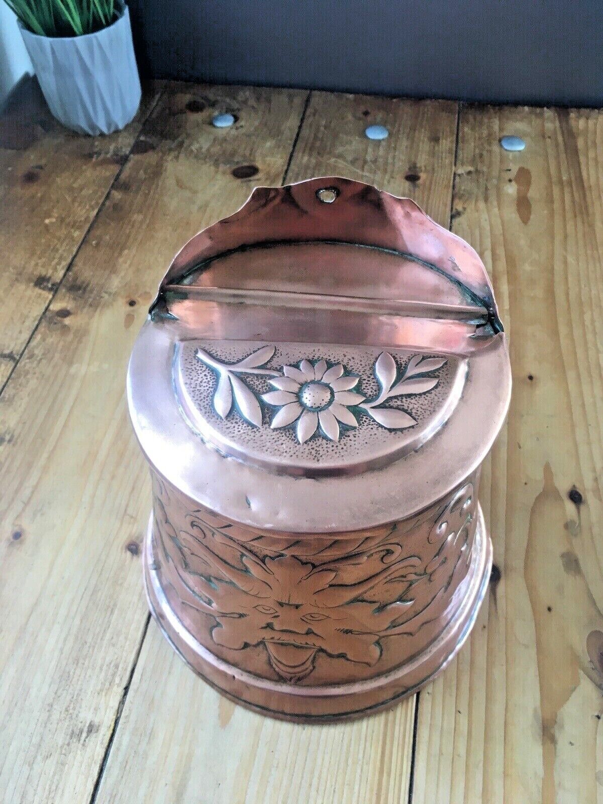 Antique Arts & Crafts Hanging Copper Salt Box Cellar Acanthus Leaf Norse God Sun photo buy