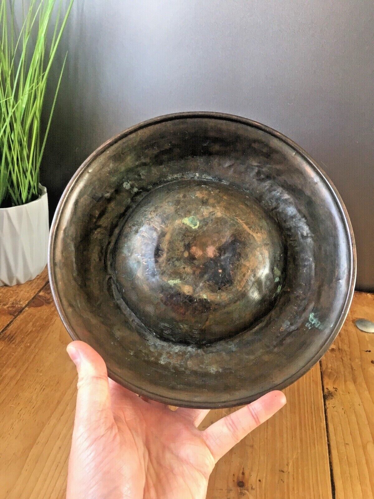 Antique 19th C Arts & Crafts Beaten Copper Dog Bowl Pet Cat Dish Food Water photo buy