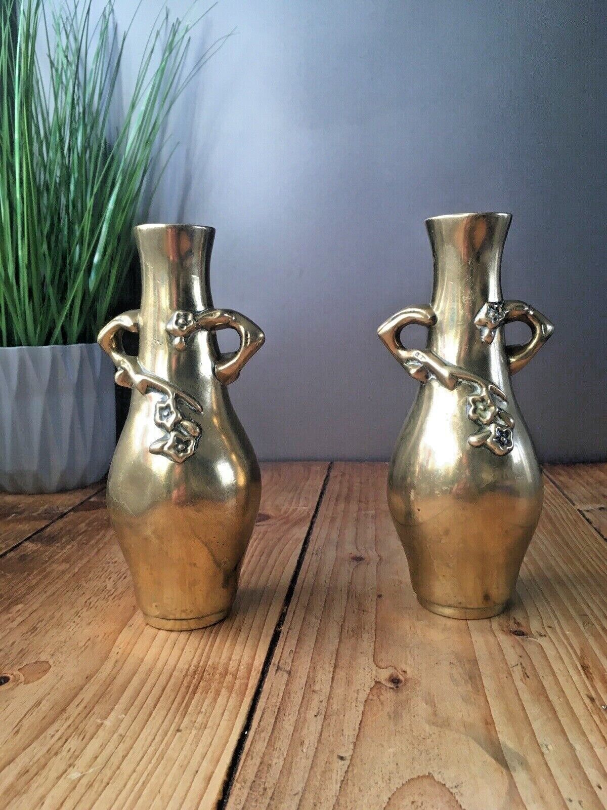 Pair Of Antique Japanese Meiji Period Brass Bud Vases Floral Aesthetic Movement photo Home Decor