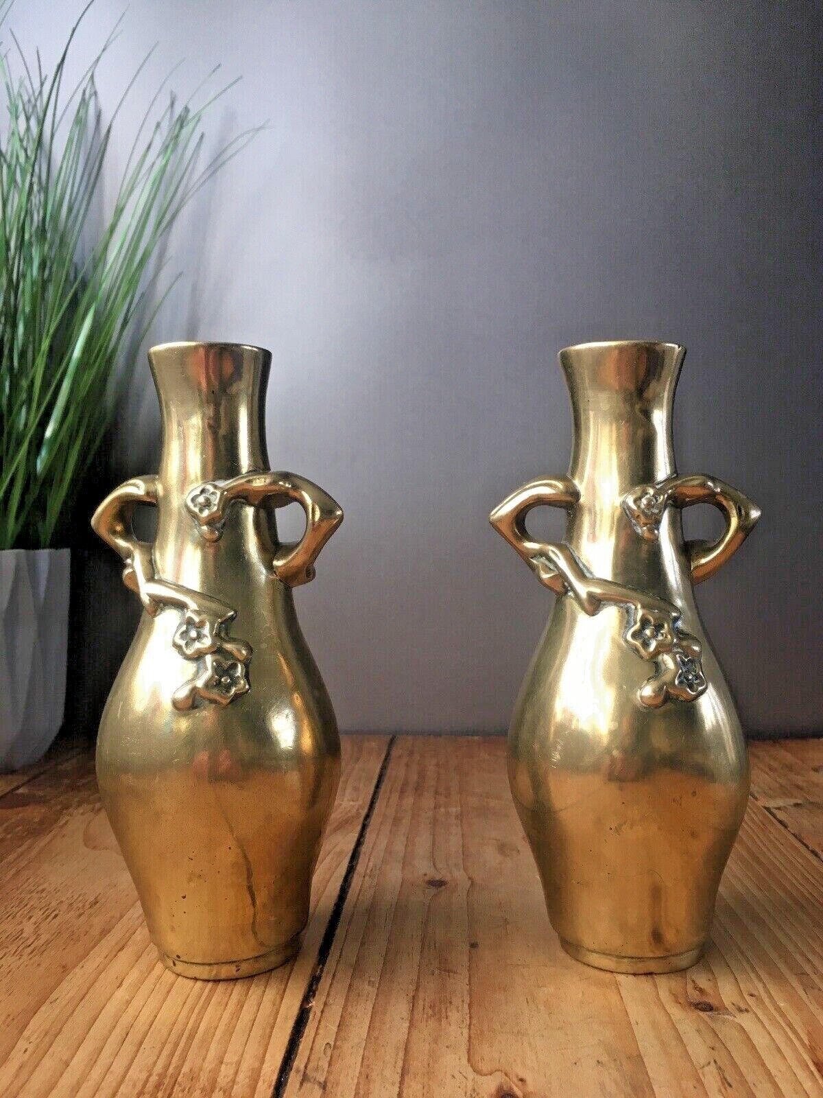 photo for sale Pair Of Antique Japanese Meiji Period Brass Bud Vases Floral Aesthetic Movement