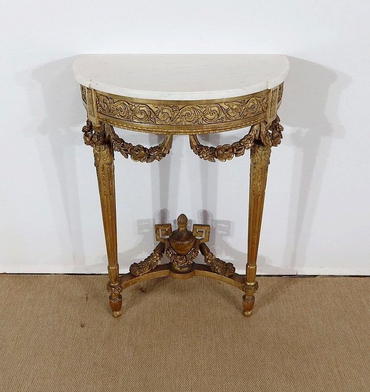 Half Moon Support Console In Marble And Gilded Wood, Louis XVI – Mid 19th Century