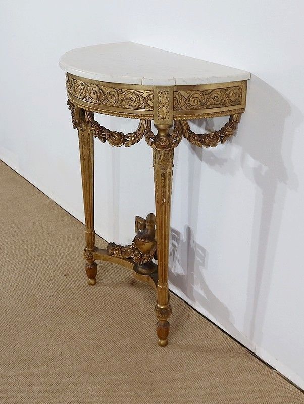 Half Moon Support Console In Marble And Gilded Wood, Louis XVI – Mid 19th Century photo for sale