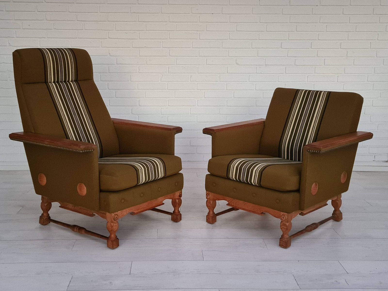 1970s, Danish Design, Set Of Armchairs, Oak Wood, Wool, Original Condition photo furniture