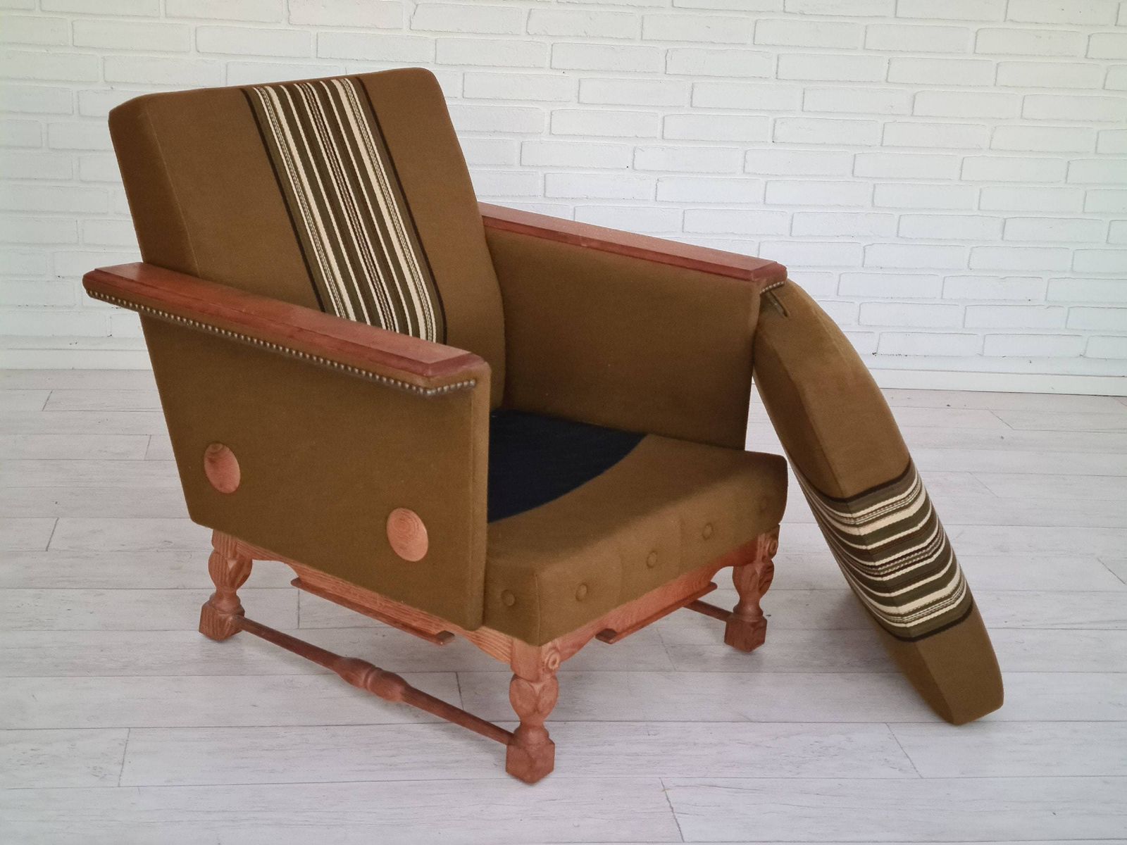 photo for sale 1970s, Danish Design, Set Of Armchairs, Oak Wood, Wool, Original Condition