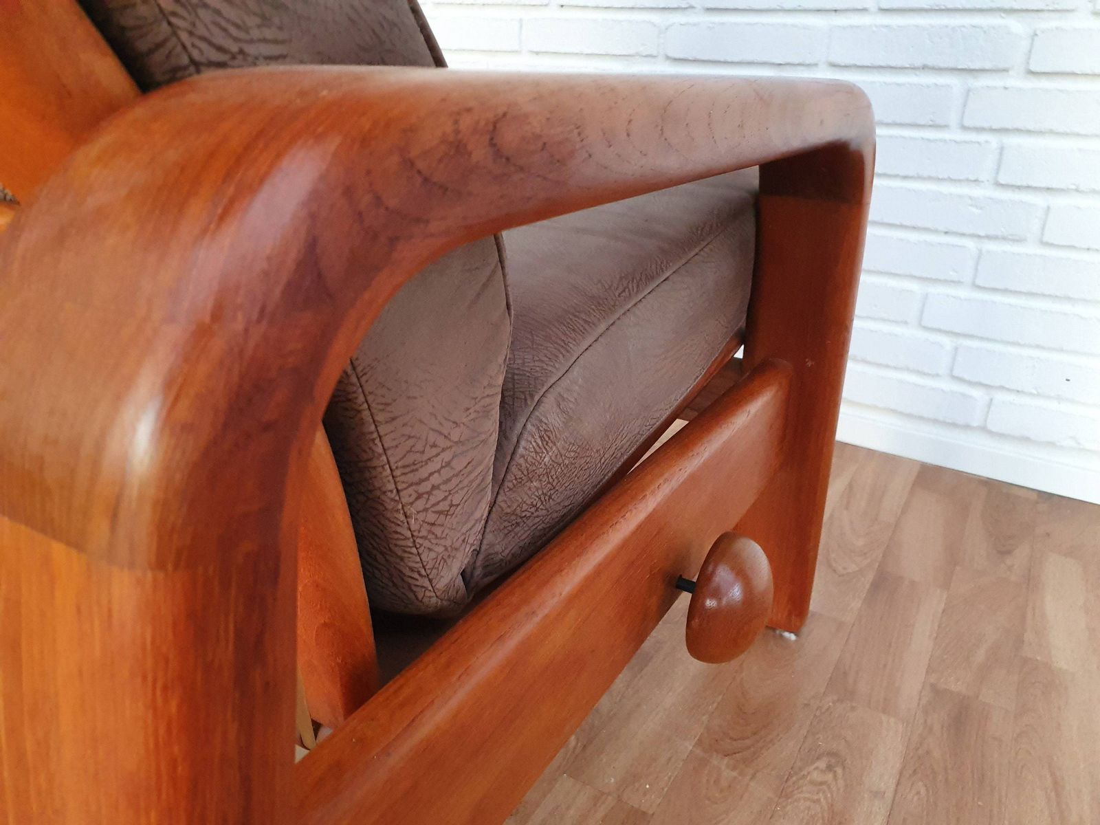 Danish Adjustable Lounge Chair, Hs Design, Nubuck Leather, Solid Teak Wood, 80s photo vintage