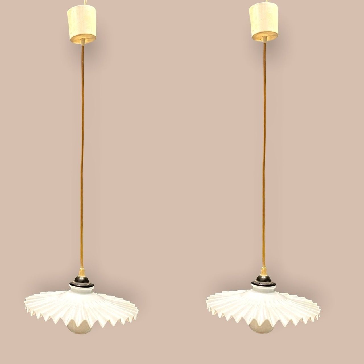 Italian Opaline Glass Pleated Light Pendants Set Of 2