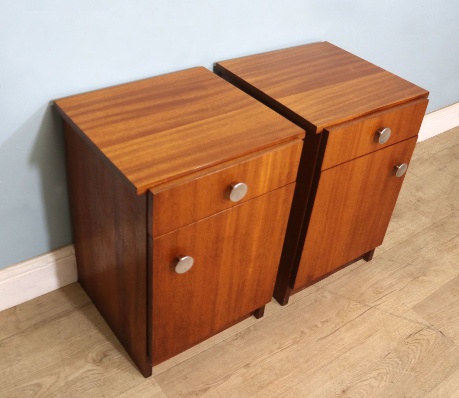 photo for sale A Lovely Pair Of Retro Teak Veneered Bedside Cabinets.