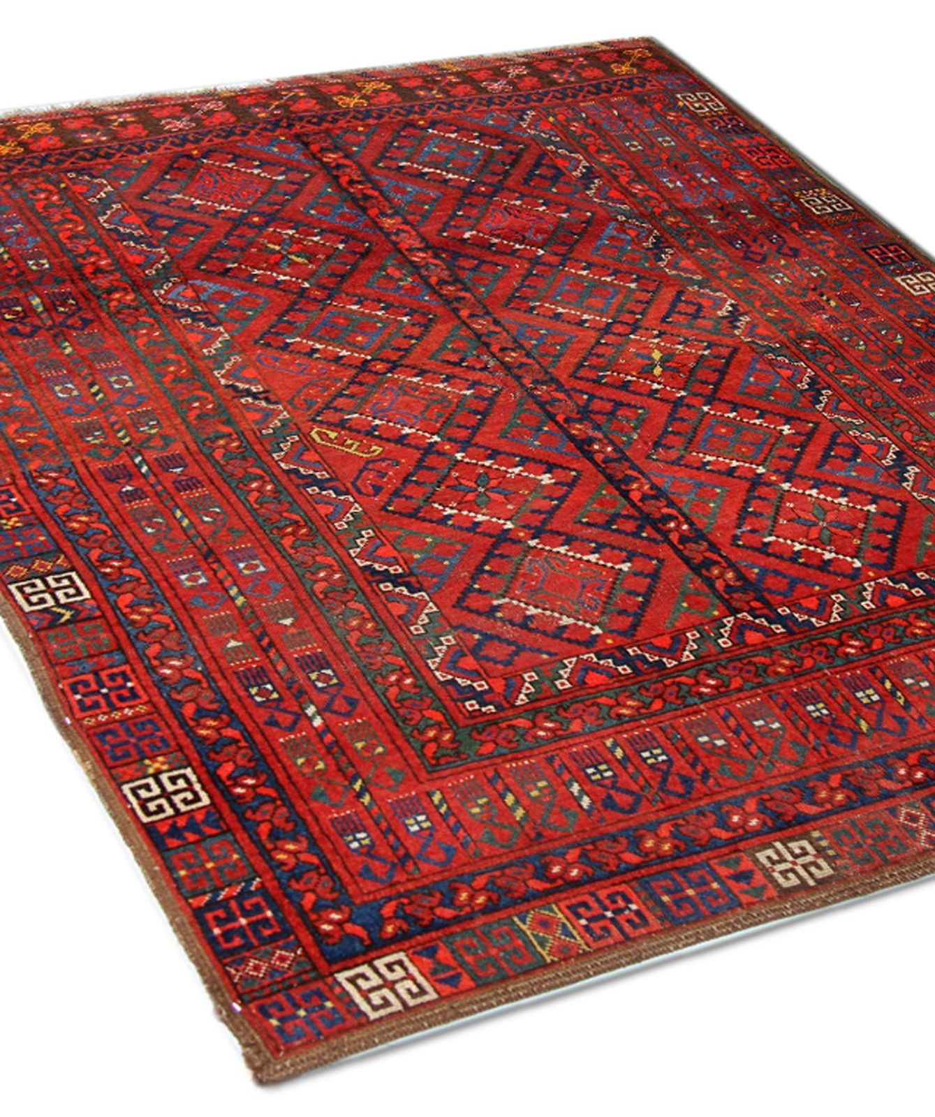 Geometric Red Turkmen Rug Handmade Carpet Antique Living Room Rug photo furniture