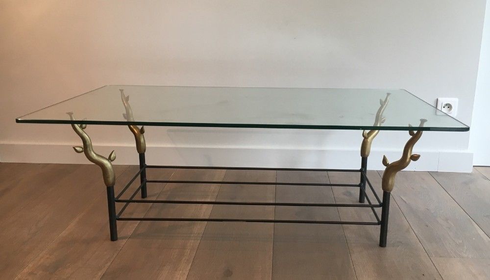 This Unusual Coffee Table Is Made Of Wrought Iron Black Lacquered And Gold Tree Branches With A Glass Top. French Work, In The Style Of Willy Daro