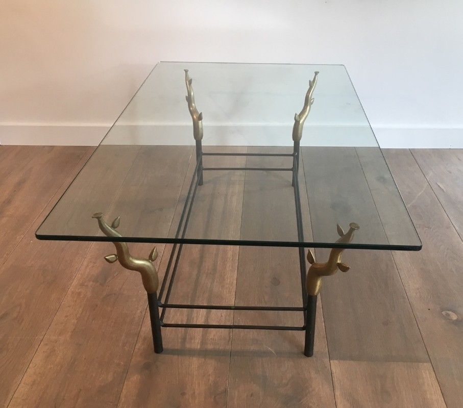 This Unusual Coffee Table Is Made Of Wrought Iron Black Lacquered And Gold Tree Branches With A Glass Top. French Work, In The Style Of Willy Daro photo 1740.0