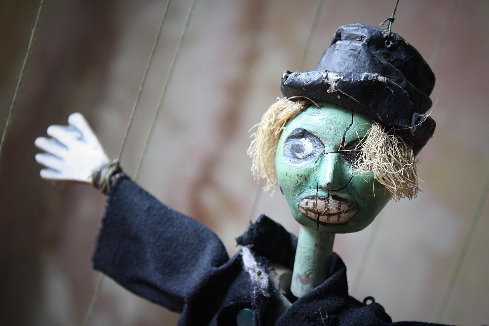 1940's Folk Art John Carr's Jacquard Puppets The Turnip's, Scarecrow & Gardener photo for sale