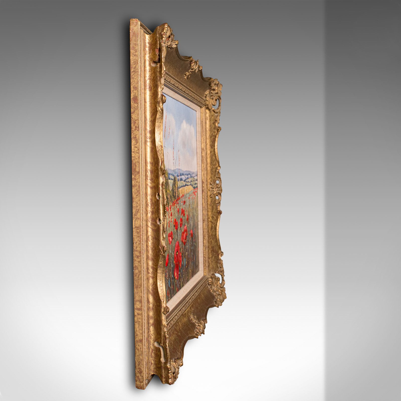 Vintage Oil Painting, English, Gilt Frame, Poppy Field, Landscape, Art, Signed photo for sale