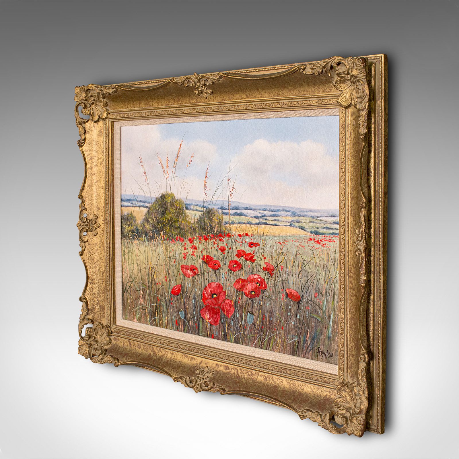 Vintage Oil Painting, English, Gilt Frame, Poppy Field, Landscape, Art, Signed photo vinterior