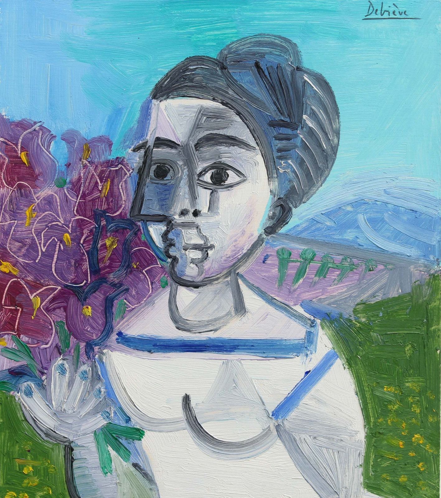Portrait Of Woman With Irises By Raymond Debiève 1976 photo Art