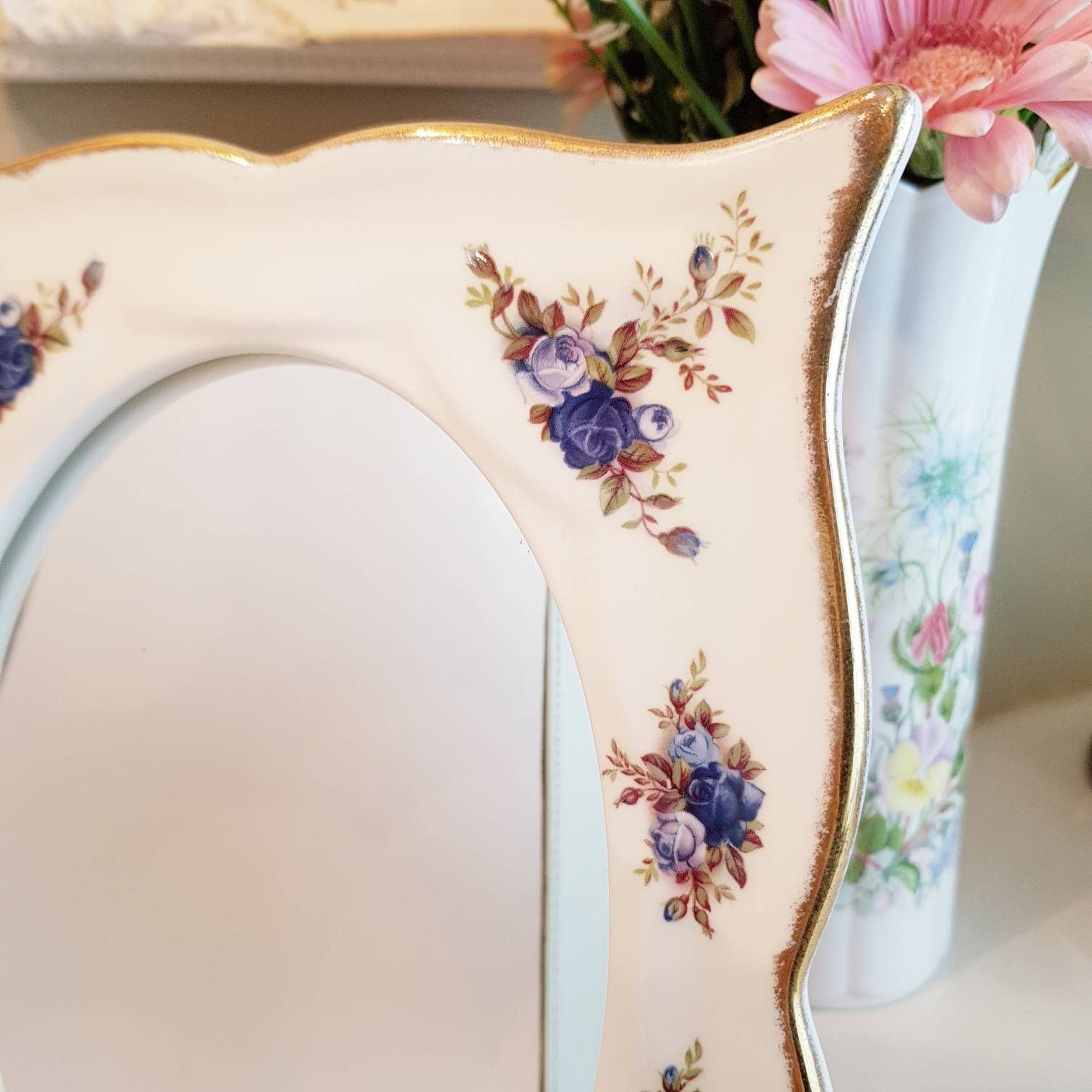 Vintage Royal Albert Moonlight Rose Ovale Spiegel – Vrijstaand Voor Op Tafel Of Wandhangend, Mooi Kerstcadeau photo Woonaccessoires